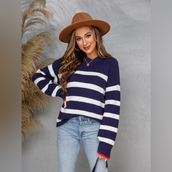 Striped Round Neck Dropped Shoulder Sweater - Picture 1 of 6